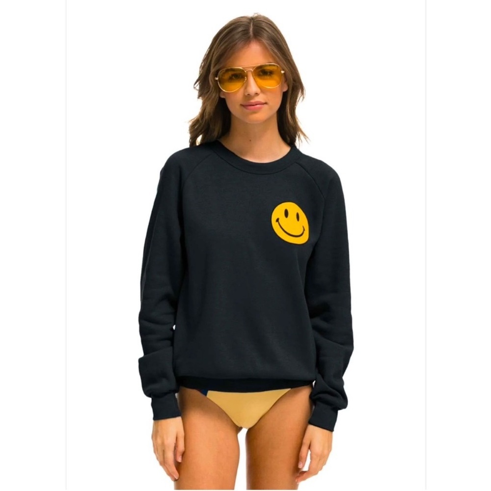 New AVIATOR NATION Smiley 2 crazy soft black oversized crewneck sweatshirt S!